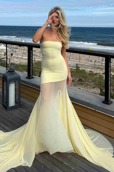 Unqiue Yellow Strapless Pleats See-through Sleeveless Long Prom Dress DM25101703