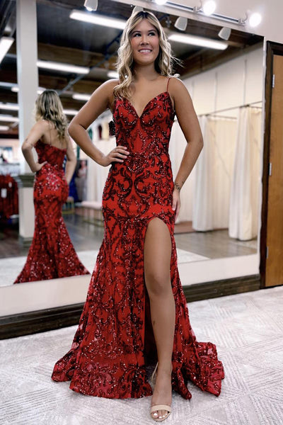 Red Sequins Lace V Neck Mermaid Long Prom Dresses with Slit MD100306