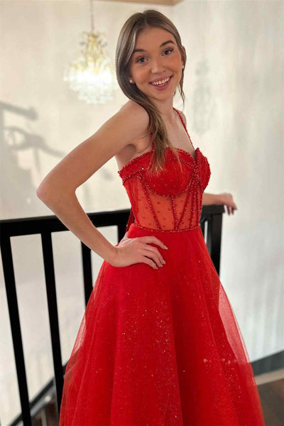 Glitter Red Straos Beaded A-Line Formal Dress with Slit MD121707