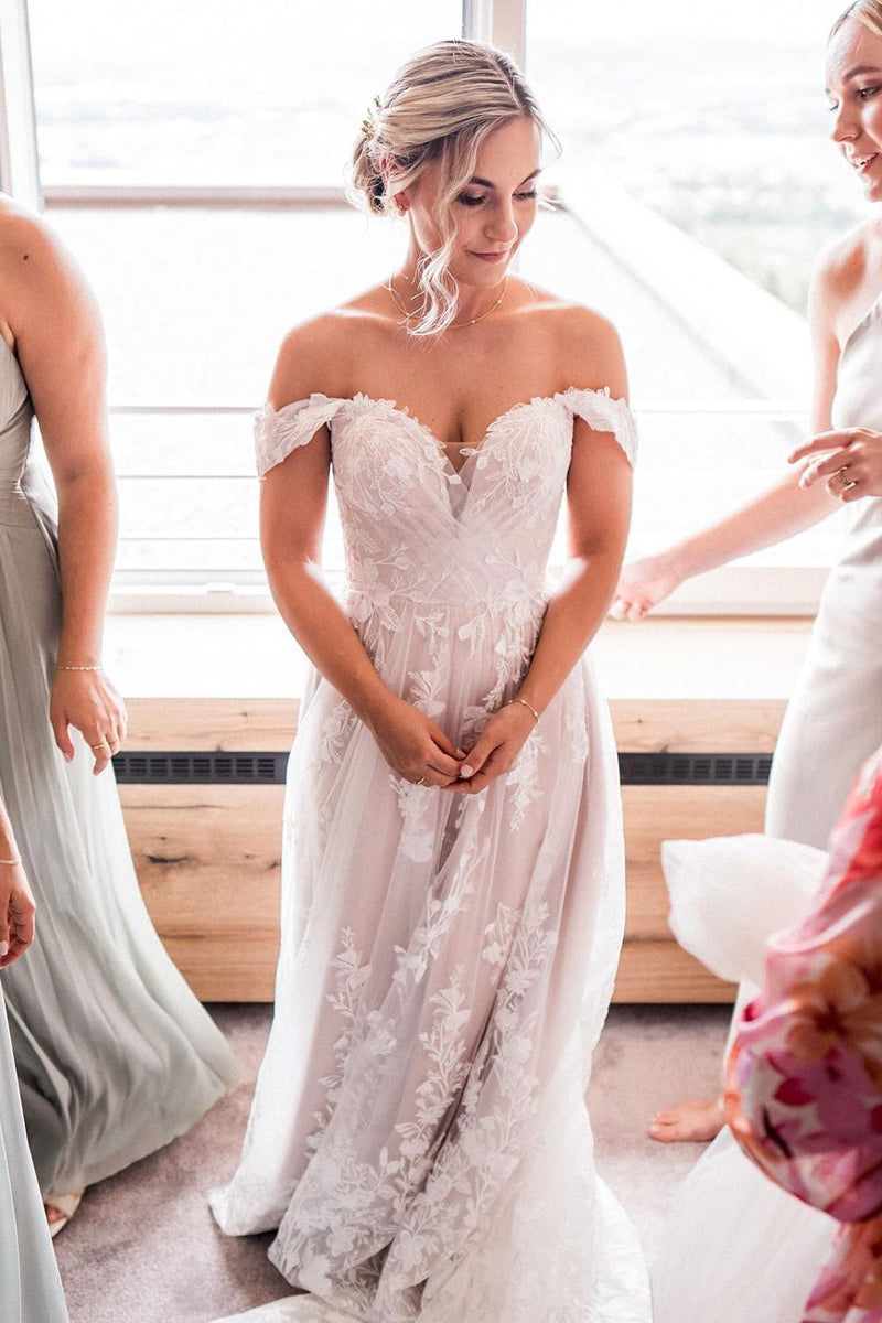 Bohemian Mermaid Off the Shoulder White Tulle Wedding Dresses with Lace DM082701 Dressmeet Bohemian Mermaid Off the Shoulder White Tulle Wedding Dresses with Lace DM082701 Dressmeet