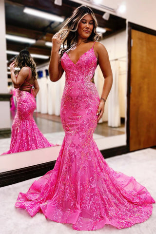 Hot Pink Sequin Lace V-Neck Trumpet Long Prom Dress MD111805