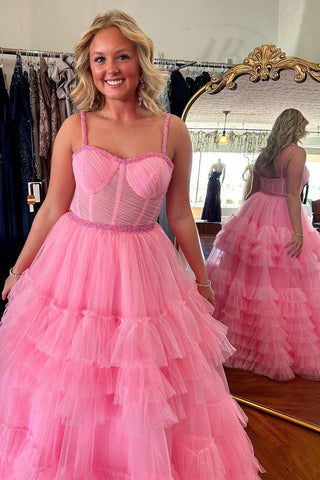 Pink Sweetheart Ruffle Tiered Tulle Prom Dress with Beading MD4051003