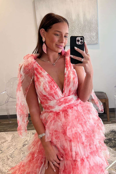 V-NecK Tie Straps Red Floral Print Layered Long Prom Dress MD112906