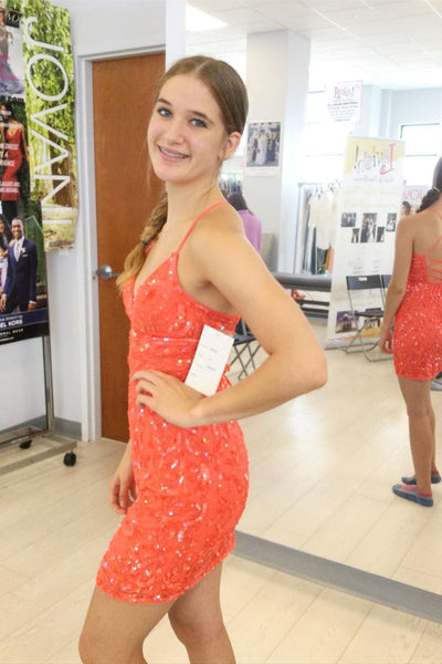 Sexy V-neck Orange Backless Sequined Sleeveless Homecoming Dress With Lace MD092204