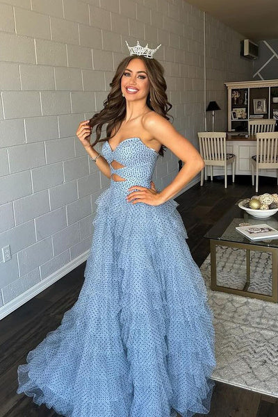 Princess Strapless Polka Dots Tiered Long Prom Dresses MD4062317
