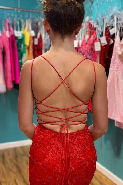 Red Appliques Plunge V Lace-Up Fitted Short Homecoming Dress MD090410