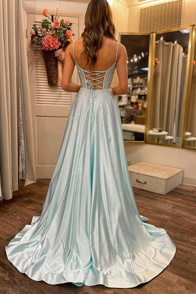Light Blue Sweetheart Satin Long Prom Dresses with Beaded MD4011105