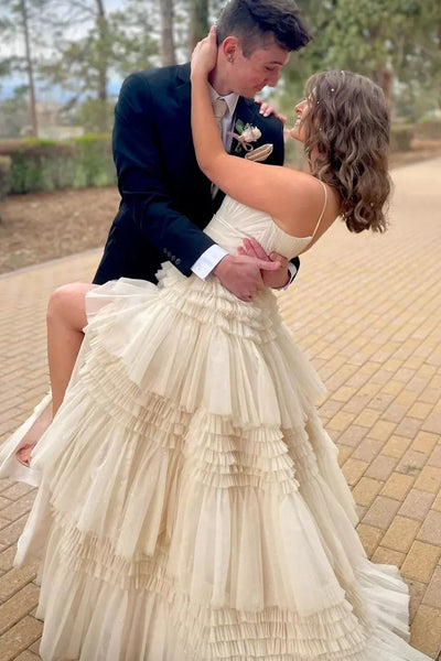 Cute Ball Gown Scoop Neck Champagne Tiered Tulle Long Prom Dress with Slit MD4060503
