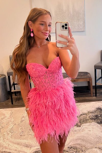 Sheath Strapless Hot Pink Feather Short Homecoming Dresses DM24090606