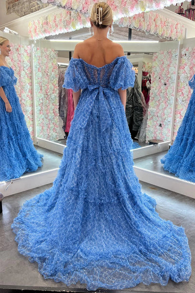 Blue A-Line Corset Long Tulle Floral Prom Dress with Ruffles DM3082813