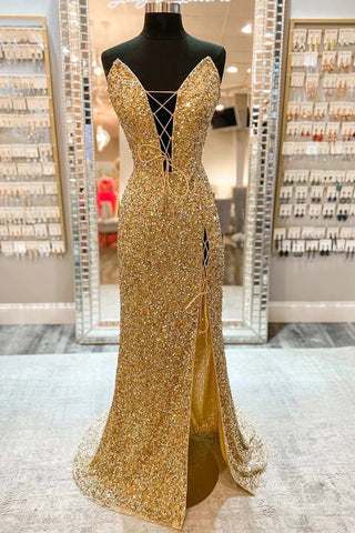 Gold Sequin Strapless Lace-Up Front Long Prom Dress with Slit MD110105