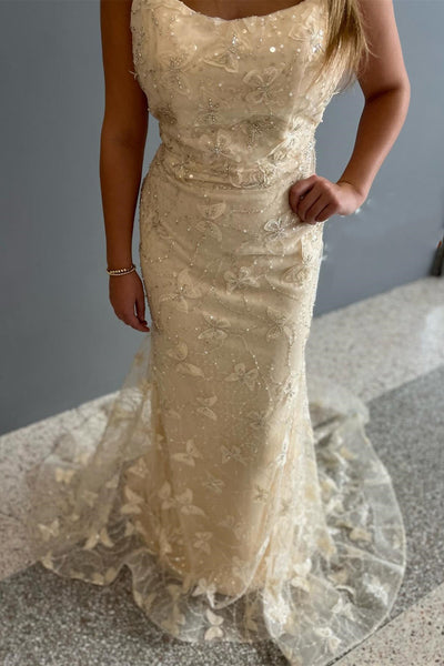 Yellow Butterfly Appliques Scoop Neck Mermaid Long Prom Dress MD111806