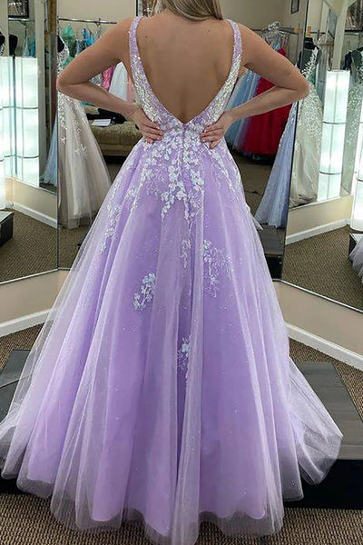 Gorgeous A Line Deep V Neck Purple Long Prom Dress with Appliques MD112305