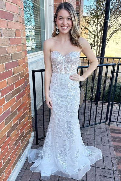White Sequin Lace Strapless Long Formal Dress with Balloon Sleeves MD112802