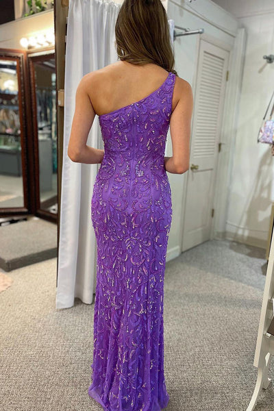 Mermaid One Shoulder Purple Sequins Lace Long Prom Dresses MD4011704