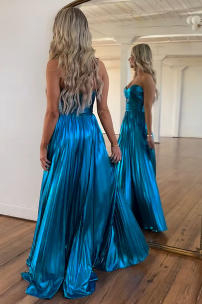 Charming A Line Sweetheart Blue Pleat Prom Dresses with Slit DM102410