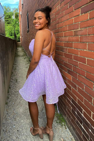 Lilac Sequins Cowl Neck Homecoming Dress with Criss Cross Back LD3062306