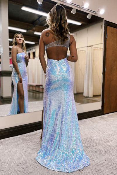 Sparkly Mermaid One Shoulder Sequins Long Prom Dress with Beading MD101705