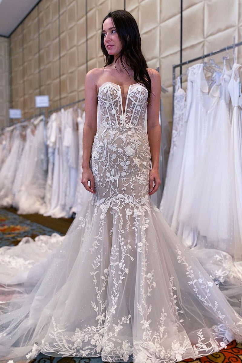 chinese dress ladies Lace Mermaid Strapless Princess Garden Beach Vintage Long Wedding Dres –  bridalsew
