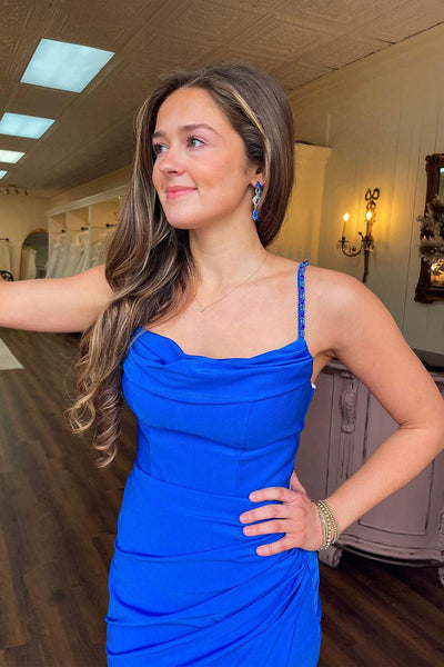 Royal Blue Cowl Neck Satin Mermaid Long Prom Dresses MD4011801