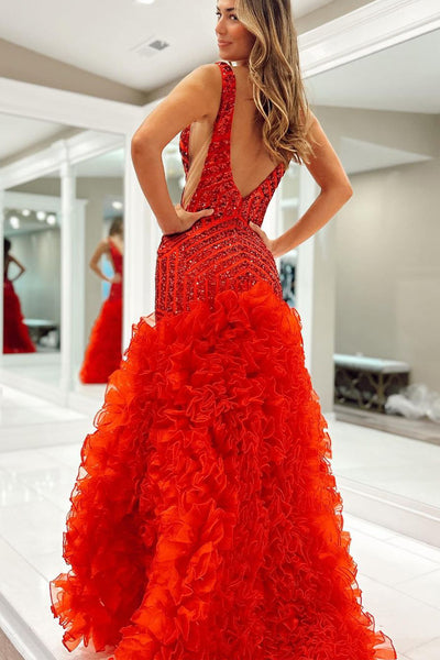 Red V Neck Sequins Ruffle Mermaid Long Prom Dresses MD4012102