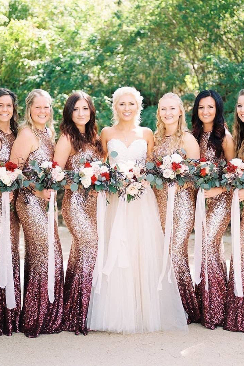 Mermaid Round Neck Rose Gold & Burgundy Sequins Long Bridesmaid Dress DMBD082704 – Dressmeet