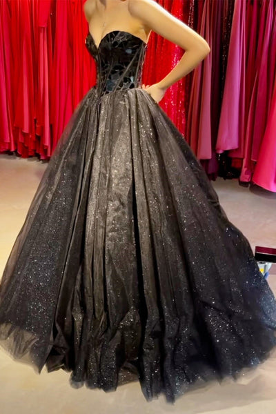 Princess Black Cut Glass Mirror Sweetheart A-Line Long Prom Gown MD092405