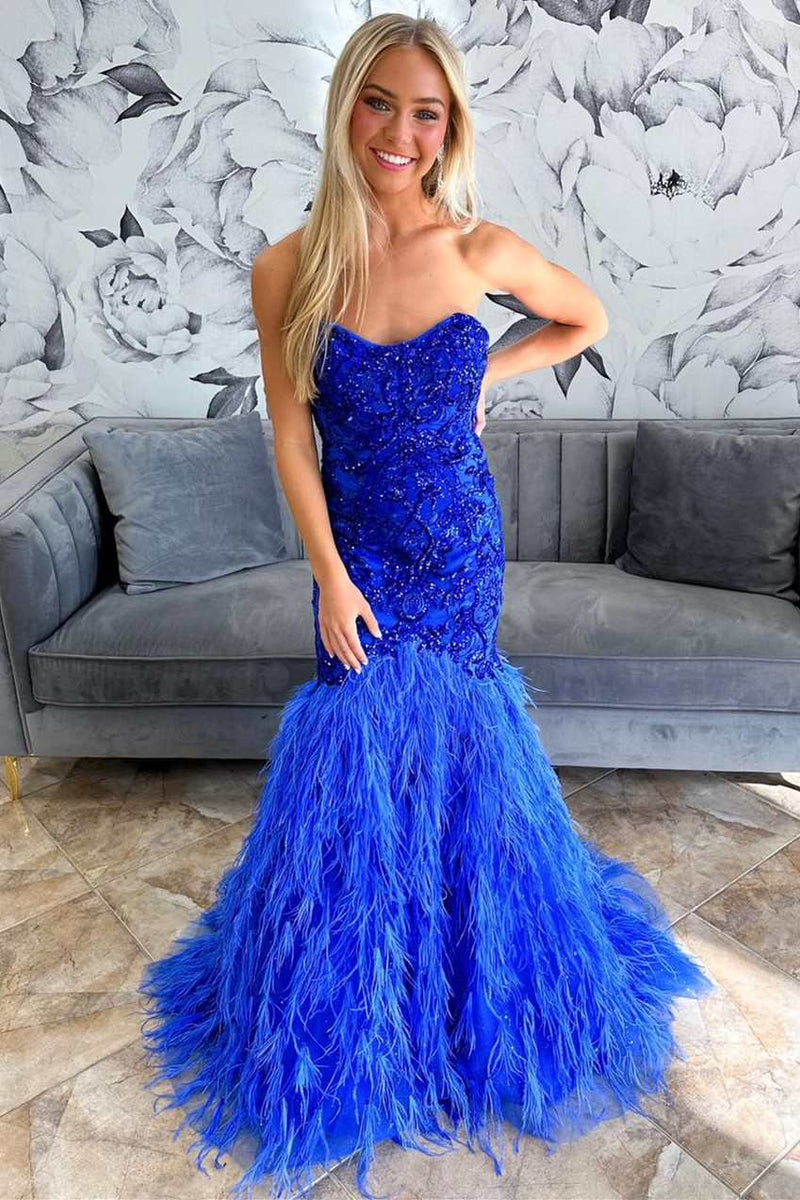 blue feather dress Royal Blue Feathers Beaded Strapless Trumpet Long Formal Gown MD093006 –  Dressmeet