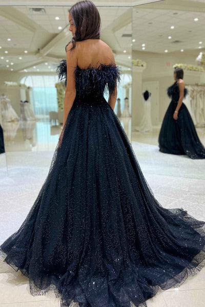 Strapless Navy Blue Feathers A-Line Prom Gown MD110303