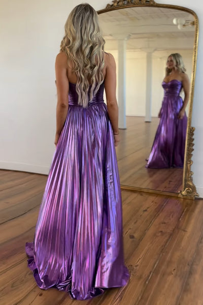 Sparkly A Line Sweetheart Purple Long Prom Dresses with Slit DM102109