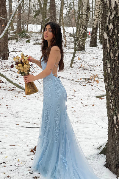 Mermaid Scoop Neck Blue Tulle Lace Long Prom Dresses MD092312