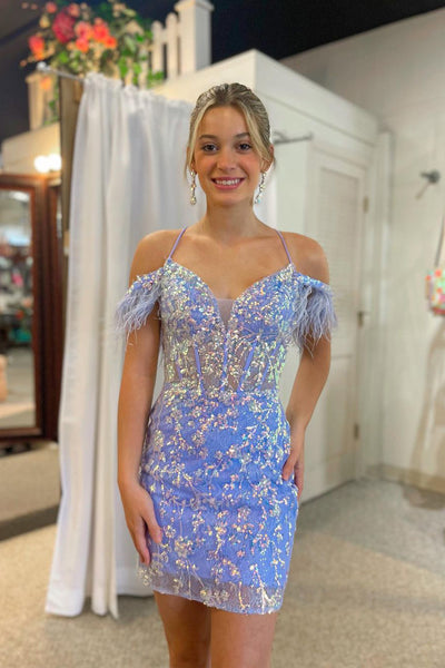 Stunning Bodycon Halter Lilac Sequins Lace Short Homecoming Dresses with Feather Shoulders LD3062905