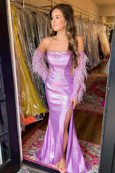Sequin Feather Strapless Mermaid Long Prom Dress with Slit MD121201