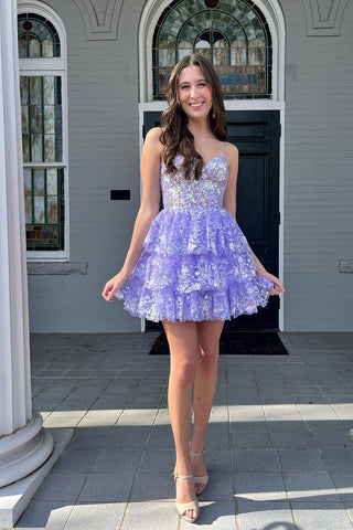 A-Line Spaghetti Straps Lilac Sequins Short Homecoming Dress MD4051901