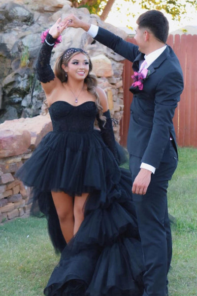 Hot Pink Lace Corset Tiered High-Low Prom Gown  MD092403