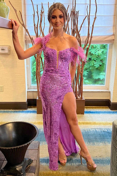 Blue Sequin Appliques Cold-Shoulder Long Prom Gown with Slit MD092709