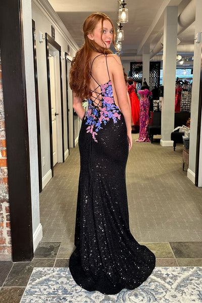 Black V Neck Sequin Mermaid Long Prom Dress with Appliques MD4012604