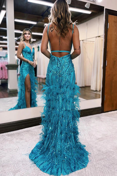 Mermaid V Neck Teal Sequins Long Prom Dresses with Feather MD4010306