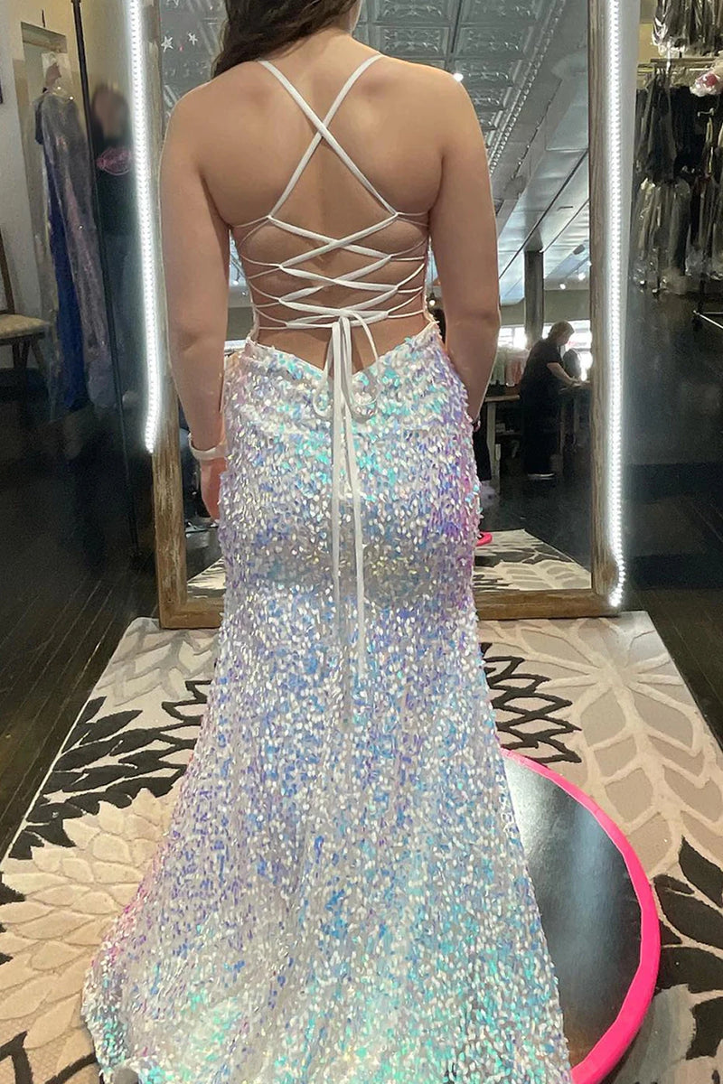 chinese dress ladies White Iridescent Sequin Straps Cutout Mermaid Long Prom Dress – Dreamdressy main image 0