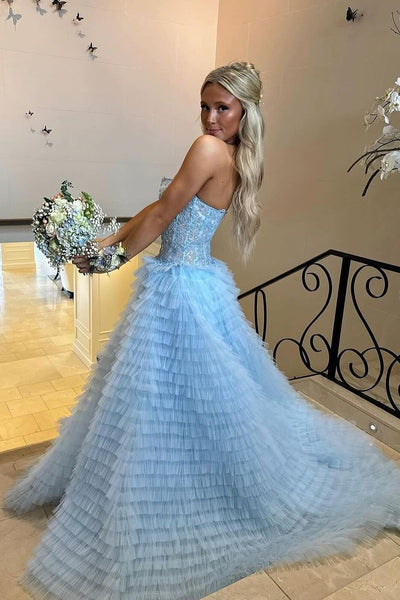 Light Blue Strapless Ruffle Tiered Tulle Prom Dress with Appliques MD4051001