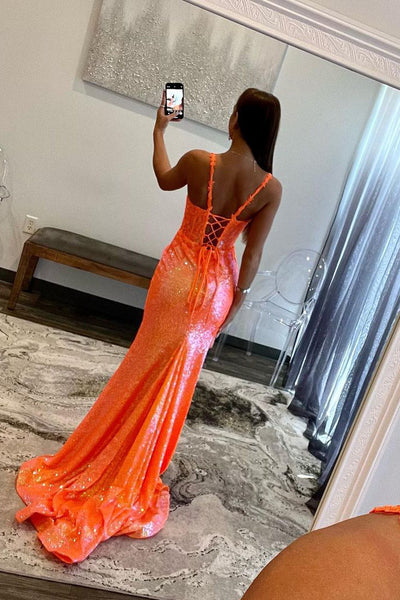 Orange Mermaid V Neck Sequin Lace Long Prom Dresses with Slit DM091304