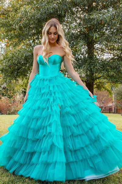 A-Line Strapless Turquoise Tulle Long Prom Dresses MD4012903
