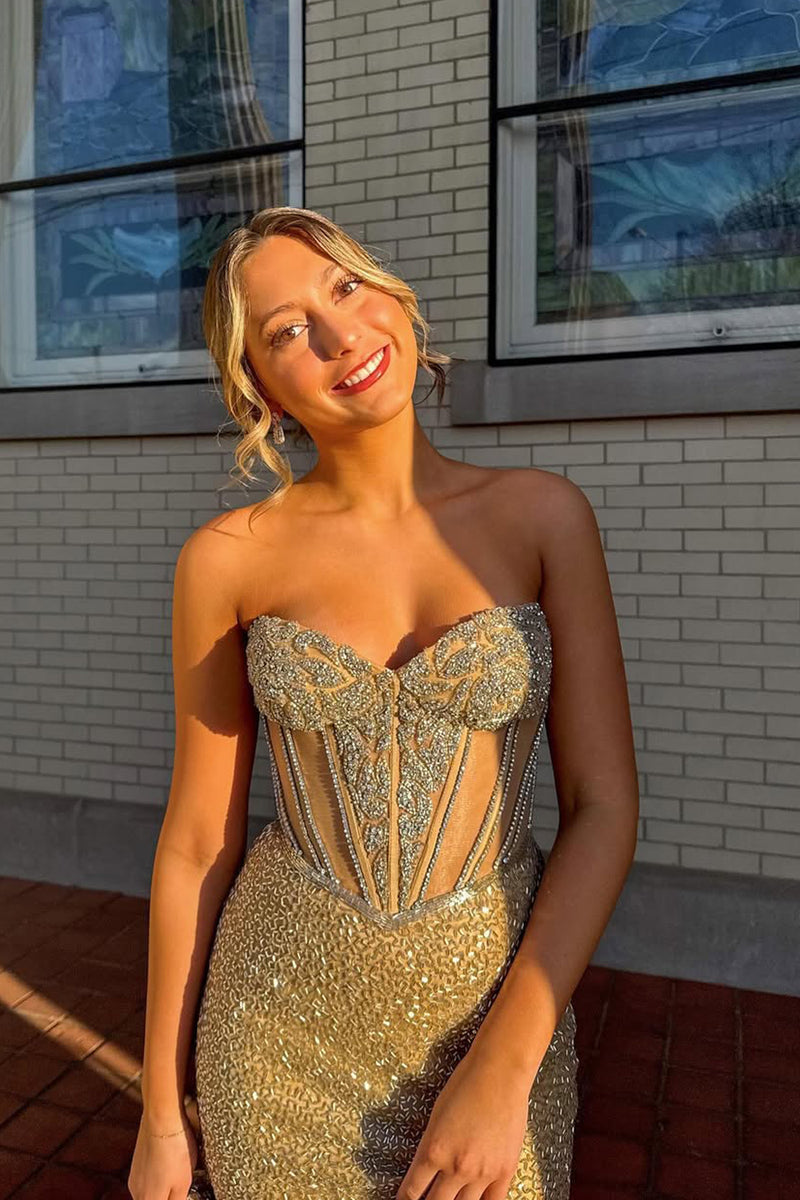 Charming Mermaid Sweetheart Gold Sequins Slit Prom Dress with Beading DM24121710 Dressmeet Charming Mermaid Sweetheart Gold Sequins Slit Prom Dress with Beading DM24121710 Dressmeet