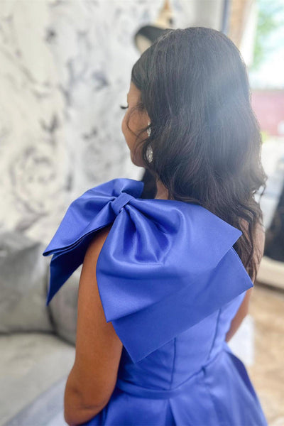 Red One Shoulder Bow Tie Satin Prom Dress with Pockets MD112706