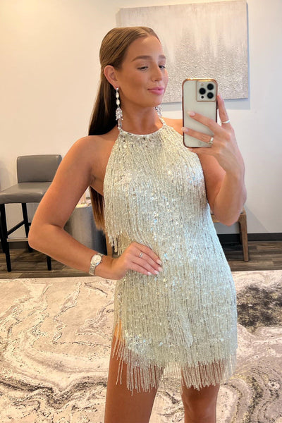 White Sequins Halter Sleeveless Homecoming Dress with Tassels LD3062102