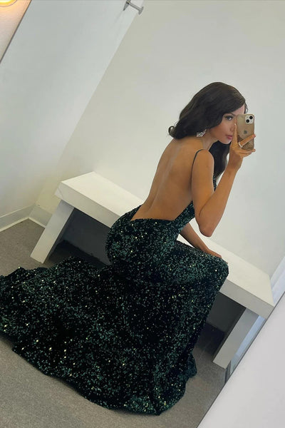 Dark Green Sequins Backless Mermaid Prom Dress MD092305
