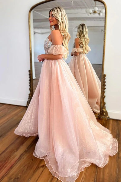 A Line Strapless Blush Corset Prom Dress with Beading Split Front MD100205