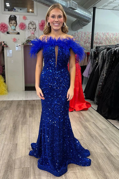 Off-the-Shoulder Pink Sequin Feathers Keyhole Long Dress MD102906