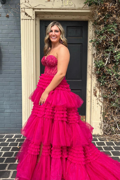 Sparkly Fuchsia Tulle Tiered Corset Long Prom Dress with Lace DM3082719