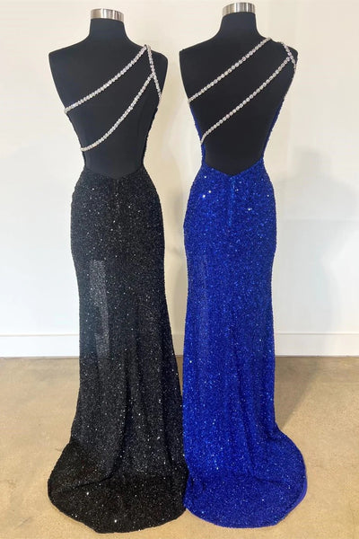 Black One Shoulder Sequin Rhinestone Mermaid Long Prom Dress MD120805